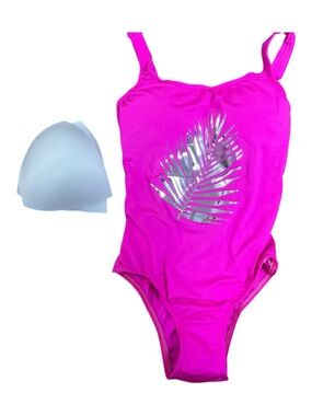 Hot Pink One-Piece Swimsuit with Silver Palm Leaf